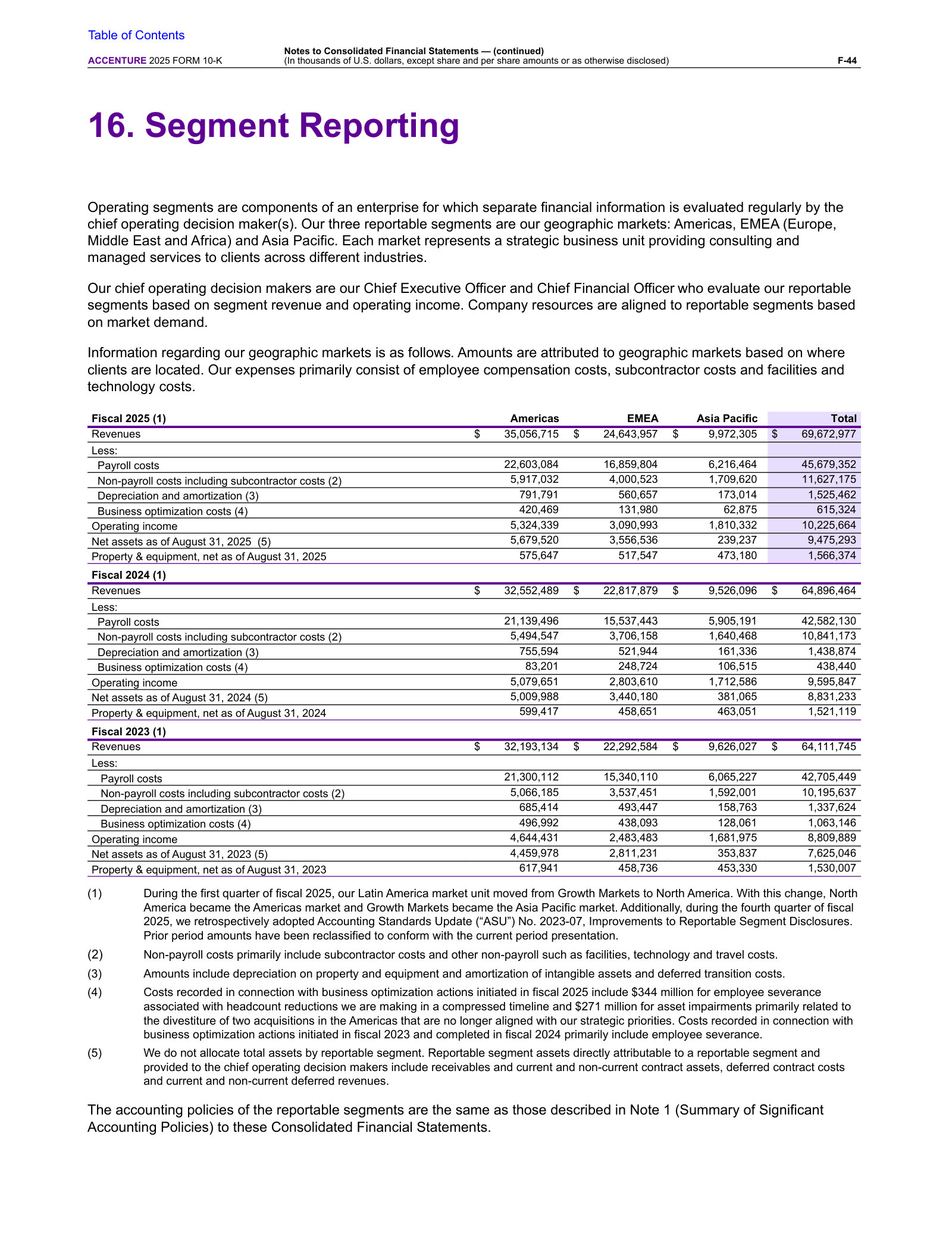 Segment table: FY2025/24/23 revenue, payroll and non-payroll costs, and operating income for the three geographic markets.